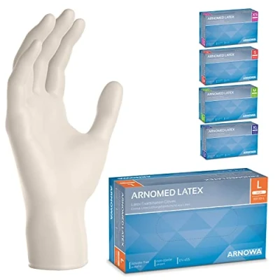 Abbildung von 100x ARNOMED Einweghandschuhe L, Latexhandschuhe Weiß (1x100 Stück), puderfrei, Handschuhe Latex Einweg, Putzhandschuhe, Handschuhe, Einmal /Einweg XS, S, M, L &amp; XL