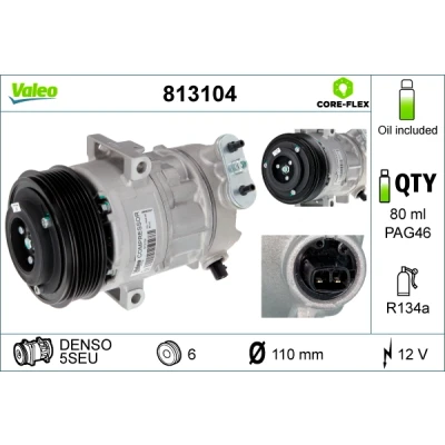 Abbildung von VALEO 813104 Kompressor 5SEU 12 PAG 46 R 134a mit Kompressoröl NEW ORIGINAL PART FIAT: Grande Punto Schrägheck, Doblo II Kombi
