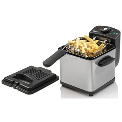 Abbildung von bestron Fritteuse AF100S, kleine mit Edelstahl Korb für eine Portion, 1000 W, Kaltzonentechnologie, Temperaturkontrolle bis 190C, Ölfilter