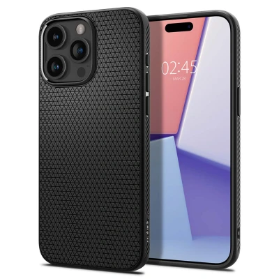 Abbildung von Apple iPhone 15 Pro Max Hülle Silikon Spigen Soft Case/Backcover Handyhülle Schwarz Shockproof/Stoßfest