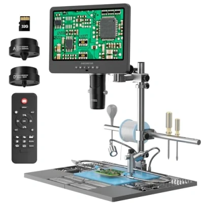 Abbildung von Andonstar AD249S M Plus 10.1&#039;&#039; HDMI Digitales Mikroskop für Elektronikreparaturen, 2000x 3 Linsen 2160P UHD Videoaufnahme, Lötmikroskopstation mit Hilfshänden, Objektträgern, 32GB Karte