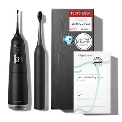 Abbildung von Uniquesmile Zahnaufhellung Whitening Strips Bundle mit Ultraschallzahnbürste &amp; Munddusche Testsieger 2024 100 Tage risikofrei testen (40 Stück/Ultimate Black)