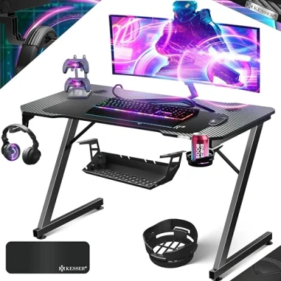 Abbildung von KESSER® Gaming Tisch 100cm x 60cm Z Form Gamer Schreibtisch Kopfhörerhaken &amp; Kohlebeschichtung Ergonomischer PC Computertisch Stabiler mit Getränkehalter Schwarz