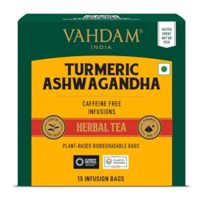 Abbildung von VAHDAM, Kurkuma Ashwagandha SUPERFOOD Kräutertee (15 Teebeutel) Indiens alte Mischung aus &amp; Gartenfrischen Gewürzen Tee