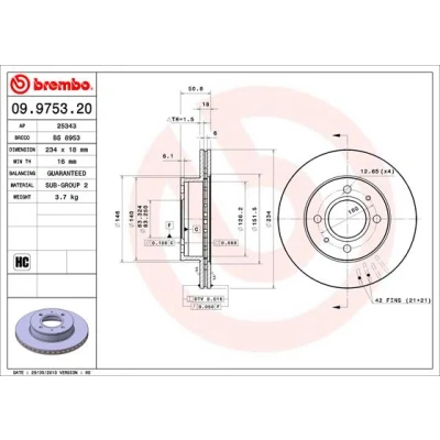 Abbildung von BREMBO COATED DISC LINE 09.9753.21 Bremsscheibe 234 18 4 innenbelüftet beschichtet hochgekohlt HYUNDAI: Atos