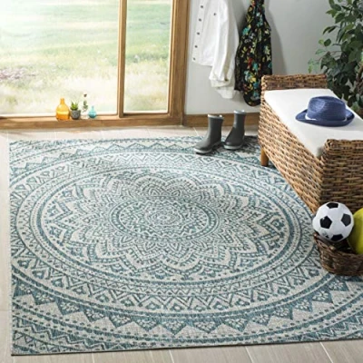 Abbildung von SAFAVIEH Zeitgenössische Teppich für Wohnzimmer, Esszimmer, Schlafzimmer Courtyard Collection, Kurzer Flor, Hellgrau und Blaugrün, 79 X 152 cm