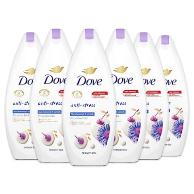 Abbildung von Dove Anti Stress Dusche mit Kamille, feuchtigkeitsspendendes Duschgel, milde Formel auf dem Hautmikrobiom, 97%* biologisch abbaubar, Duschbad für Damen und Herren, 12 Stück à 250 ml