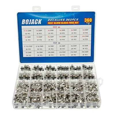Abbildung von BOJACK 24 Werte 360 Stück Glas sicherungen Sortiment 5x20mm 250V 0,25 0,5 1 2 3 4 5 8 10 12 15 20A 6x30mm 6 7 Paket in einer durchsichtigen Kunststoffbox