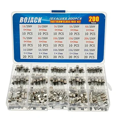 Abbildung von BOJACK 15 Werte 200 Stück Glas sicherungen Sortiment 5x20mm 250V 1 5 10 20A 6x30mm 2 3 6 7 8 Paket in einer durchsichtigen Kunststoffbox