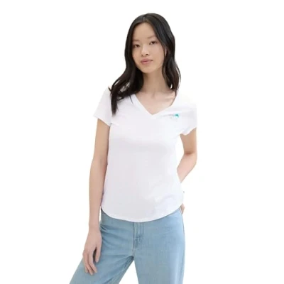Abbildung von TOM TAILOR Denim Damen Basic T Shirt mit Logo Print, White, M
