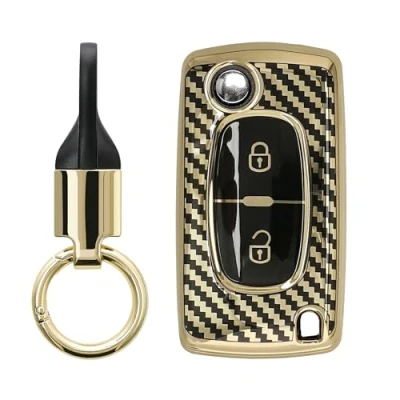 Abbildung von kwmobile Autoschlüssel Hülle kompatibel mit Peugeot Citroen 2 Tasten Klapp Schlüsselhülle Key Ring Anhänger Cover Gold Schwarz
