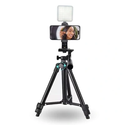 Abbildung von TronicXL 60cm Handy Stativ mit Licht drehbar Smartphone Halterung Ständer Tischstativ (Mit Beleuchtung, ausfahrbare Mittelsäule, einstellbare Höhe)