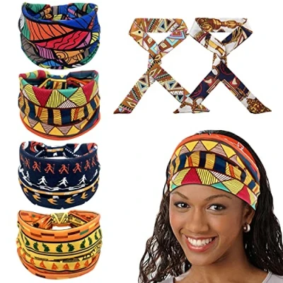 Abbildung von 4 afrikanische Stirnbänder, mit 2 Seidenschal Stirnbändern, böhmische Kopftücher, Retro bedrucktes Stretch Kopftuch, Sport Yoga Stirnbänder breiter Krempe, Damenmode Haarschmuck