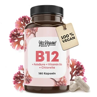 Abbildung von Yes Vegan® Vitamin B12 hochdosiert (180 Kapseln) Komplex mit Folsäure, B6 I Chlorella 1x180 St