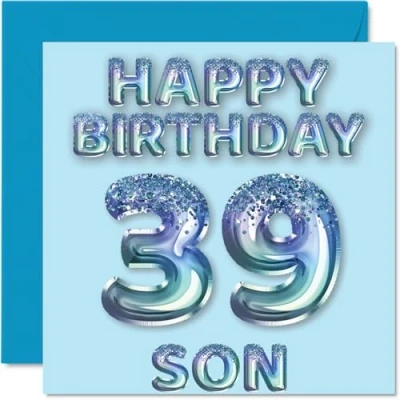 Abbildung von Geburtstagskarte zum 39. Geburtstag für Sohn, blaue Glitzer Party Luftballons, Happy Birthday Karten den von Mama Papa Eltern, 145 mm x mm, Geburtstagsgrußkarten, Geschenk