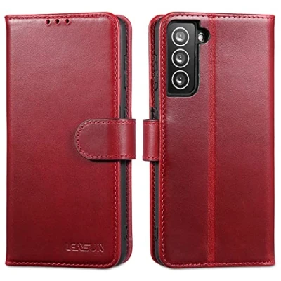 Abbildung von LENSUN Echtleder Hülle für Samsung Galaxy S21, Handyhülle [Echtes Leder] [Kartenfach] [RFID Schutz] Handytasche Lederhülle Klappbar S21 5G Weinrot