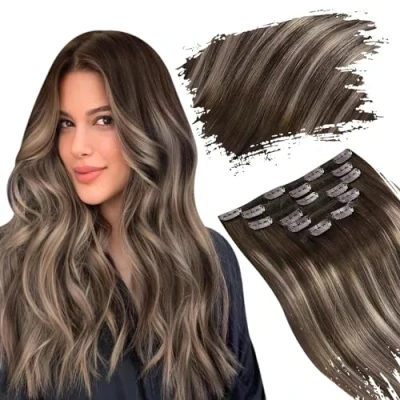 Abbildung von Ugeat Echthaar Extensions Clip Braun Blond Remy in Balayage Doppelt Tressen Schokobraun mit Aschbraun 7 Stück 120g 40cm Glatt Haare