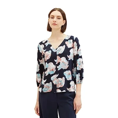 Abbildung von TOM Tailor Printed Vneck Blouse Bluse, Damen, Größe: 38, Tie dye flower design
