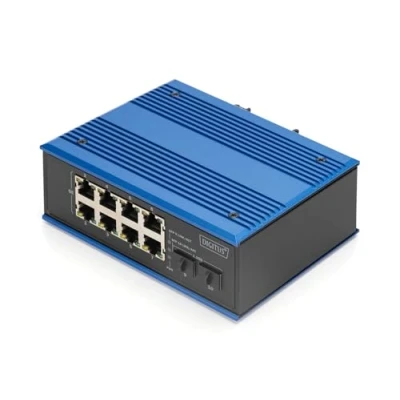 Abbildung von DIGITUS PoE Netzwerk Switch 10 Port Gigabit Ethernet 8X RJ45 + 2X SFP IP40 10/100/1000 Mbit/s Hutschienenmontage Industrial Serie schwarz/blau