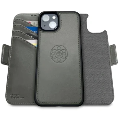 Abbildung von Dreem Fibonacci kompatibel mit iPhone 15 Plus Brieftaschen Etui / 2 in 1 stoßfestes und abnehmbares Folio aus veganem Leder, MagSafe kompatibel, RFID Schutz [Grau]