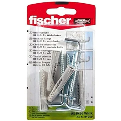 Abbildung von FISCHER Universaldübel UX 6 x 35 WH, je 25 Nylondübel mit passenden Winkelhaken, Allzweckdübel Rand, für optimalen Halt bei Befestigungen in Beton, Gipskarton, Kalksand Lochstein uvm.