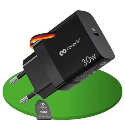 Abbildung von conecto USB C Ladegerät, Ladestecker Adapter, Netzteil 30 Watt Schnellladegerät kompatibel mit Apple iPhone 15, Samsung, Tablet, Laptop UVM, GaN PD Charger, Schwarz