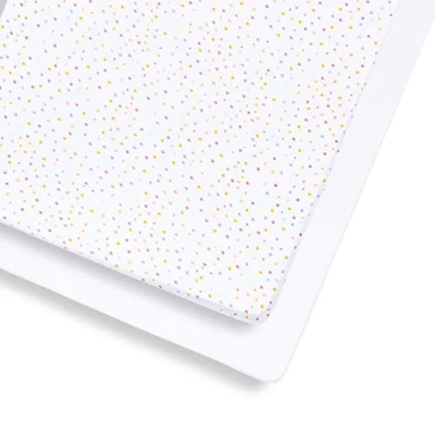 Abbildung von Snüz Spannbettlaken Baby (2 er Set) mit Mehrfarbigem Tupfen Design, für Matratzengröße bis 140 x 70 cm, aus Atmungsaktiver Weicher Jersey Baumwolle, die Meisten Kinderbetten Geeignet