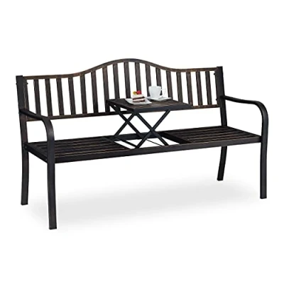 Abbildung von Relaxdays Gartenbank mit klappbarem Tisch, 3 Sitzer, Garten, Metall Balkonbank, HBT 89 x 150 58,5 cm, schwarz Bronze