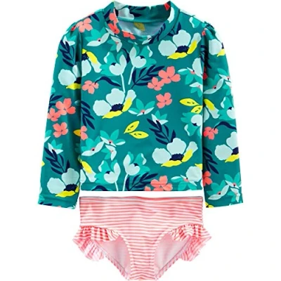 Abbildung von Simple Joys by Carter&#039;s Baby Mädchen 2 Piece Assorted Rashguard Rash Guard Set, Grün Floral/Rosa Streifen, 3 Jahre
