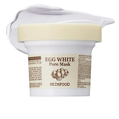 Abbildung von Skinfood Eiweiß Porenmaske 3,52 oz. (100g) Porenverfeinernde Abwaschmaske, strafft die Poren, entfernt Mitesser und abgestorbene Hautzellen, Haut glatt weich