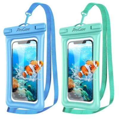 Abbildung von ProCase 2 Stück wasserdichte Handyhülle Schwimmend Floating IPX8 Wasserfest Phone Pouch Case Unterwasser Handytasche für iPhone 14 13 12 11 Plus Pro Galaxy S22 bis zu 7 Zoll Smartphones Blau/Grün