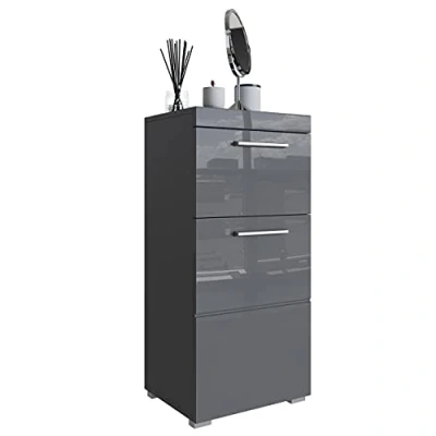 Abbildung von Newroom Kommode Badezimmer Schrank Grau Hochglanz mit viel Stauraum 37x79x31 cm (BxHxT) Badezimmerschrank Badkommode Badezimmermöbel [Trinity.Ten]