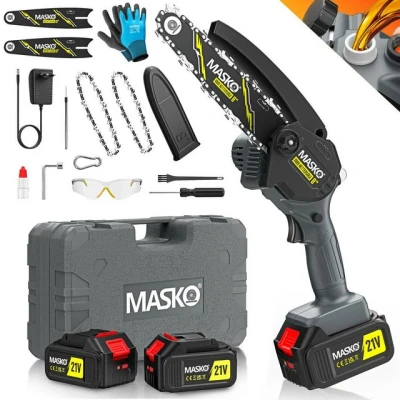 Abbildung von MASKO® Mini Kettensäge 800W, 8 Zoll, 8000mAh Akku Elektrische Motorsäge mit Automatischem Ölsystem Handkettensäge für Astschnitte &amp; Holzarbeiten Inkl. Koffer, 2x 4000mAh Akkus Ersatzketten