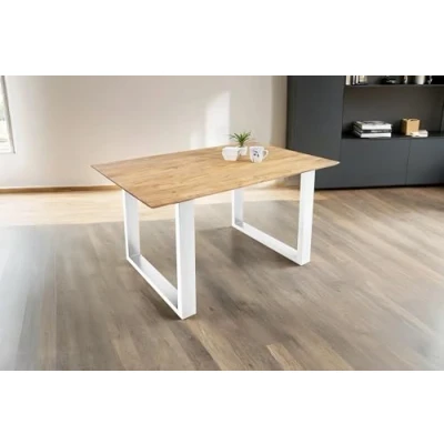 Abbildung von SAM Esstisch 160 x 85 cm Dean, Massivholztisch Eiche, Schweizer Kante, Esszimmertisch mit U Gestell aus Metall Weiß, pflegeleichter Holztisch