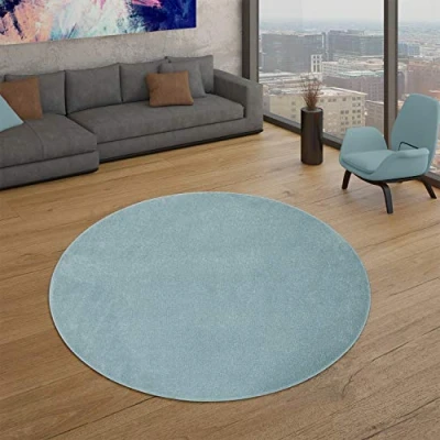Abbildung von TT Home Wohnzimmer Teppich Kurzflor Unifarbendes Design Modern Und Zeitlos, Farbe: Türkis, Größe:120 cm Rund