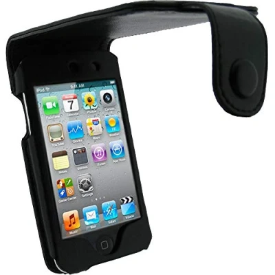 Abbildung von iGadgitz U0619 echtes Leder Tasche Schutzhülle Etui Case und Display Schutzfolie Kompatibel mit Apple iPod Touch 4G 4. Gen Schwarz