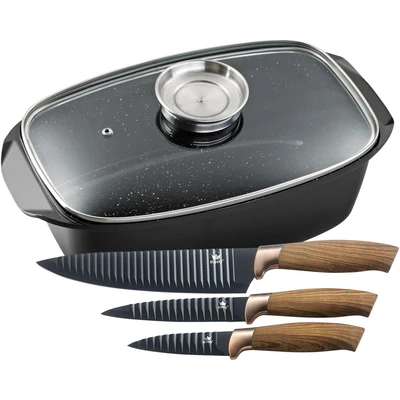 Abbildung von KING Bräter &quot;5 Liter&quot;, Aluminiumguss, (Set, 5 tlg., 3 Küchenmesser im Geschenketui), Aromaknopf, Induktion, mit Glasdeckel, Antihaft Keramikbeschichtung