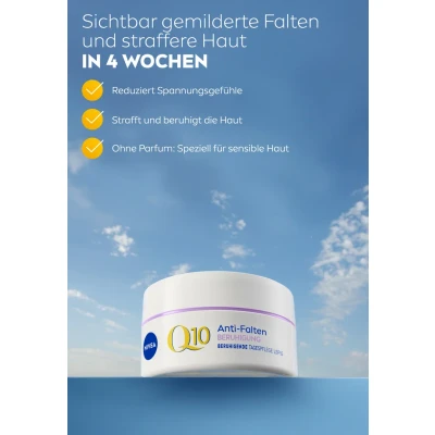 Abbildung von NIVEA Q10 Tagespflege, parfümfreie Tagescreme mit LSF 15, straffende Gesichtspflege Süßholzextrakt für sensible Haut, Anti Falten BERUHIGUNG Beruhigende Tagespflege (50 ml)