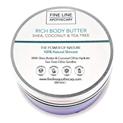 Abbildung von 100% Natürlich REICHE KÖRPERBUTTER SHEABUTTER, KOKOSÖL &amp; TEEBAUMÖL 100ml von Fine Line Apothecary. Ohne Chemikalien.BEDINGUNGEN, FEUCHTIGKEITEN UND NÄHRSTOFFE Haut, Kopfhaut, Haare, Nägel.