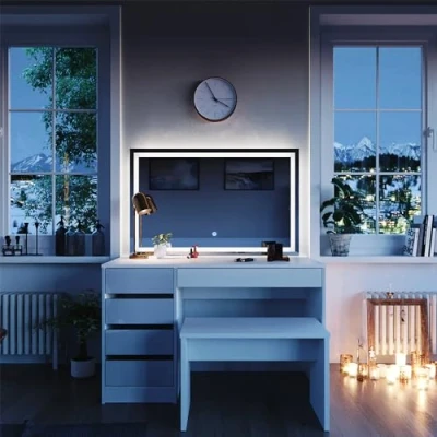 Abbildung von Vicco Schminktisch Sherry, Weiß Hochglanz, 120 cm mit LED Spiegel und Bank