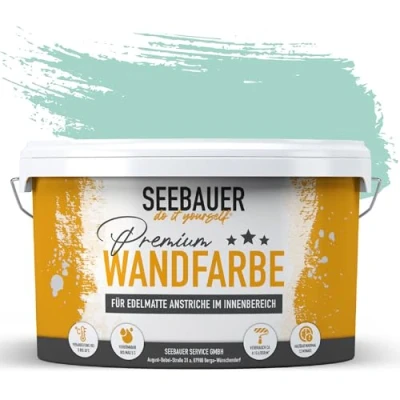 Abbildung von SEEBAUER diy Wandfarbe Türkis 5L für Innen (No. 775 Indian Sea) Edelmatte Innenfarbe Blau Grün Grüntöne sehr hohe Deckkraft Matt, Abwaschbar und Tropffrei