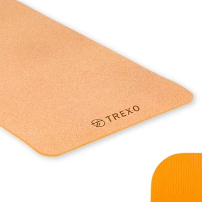 Abbildung von TREXO TPE Kork Yogamatte Maße 61 x 183 cm und 6 mm Dicke orange für Übung zu Hause im Club Pilatesmatte Stretching Gymnastik YM C01P