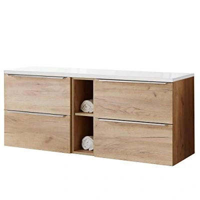 Abbildung von Lomadox Badezimmer Waschtisch Unterschrank Set, Wotaneiche und Hochglanz weiß, 4 Softclose Auszüge, 1 Regal, B/H/T ca. 141/59,5/46 cm