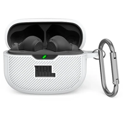 Abbildung von MOWYEOK Silikon Hülle kompatibel mit JBL Vibe Beam/JBL Wave 200TWS, Tragbare Kratz und stoßfeste Silikonhülle, Front LED sichtbar, für Beam Gehäusezubehör, Karabiner Weiß