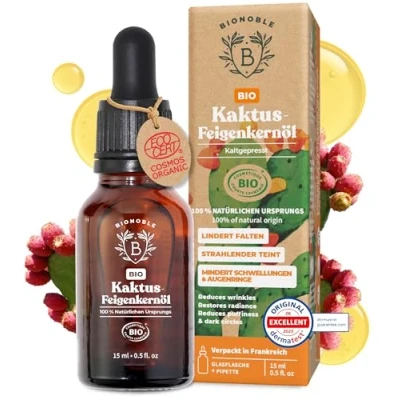 Abbildung von Bionoble Kaktusfeigenkernöl Bio 15ml 100% Rein, Natürlich, Kaltgepresst Gesicht, Körper, Haare, Bart, Nägel Vegan und Cruelty Free Prickly Pear Seed Oil Glasflasche + Pipette