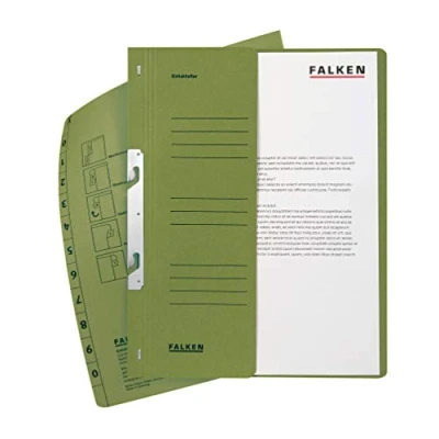 Abbildung von Original Falken 50er Pack Einhakhefter. Made in Germany. Aus Recycling Karton mit halbem Vorderdeckel und Behördenheftung für DIN A4 grün Hefter Sammelmappe Dokumentenmappe