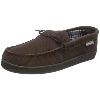 Abbildung von DUNLOP Herren Mokassin Hausschuhe mit Plüsch Gefüttert Wildleder Hauspantoffel Memory Foam Pantoffel Gummisohle (43, Dunkelbraun)