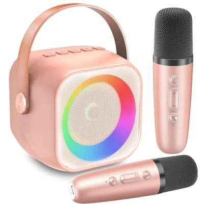 Abbildung von Mini Karaoke Maschine Kinder mit 2 Mikrofonen, YunLone Mikrofon Bluetooth Lautsprecher, Geburtstagsgeschenk für Mädchen Geschenke 4 5 6 7 8 9 10 11 12 Jahre Spielzeug Roségold