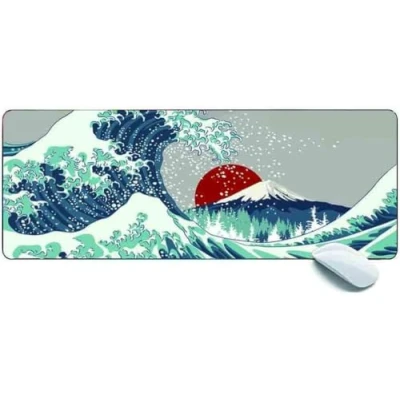Abbildung von MSHAJ Gaming Mauspad, japanische Welle, rote Sonne, XL, erweitertes großes Schreibtischunterlage, 80 x 30 0,3 cm, genähte Kanten, rutschfestes Mauspad für Computer, Büro, Tastatur und