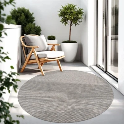 Abbildung von TT Home Teppich Für Outdoor Küchenteppich Balkon Terrasse Unifarbenes Design Modern, Farbe:Grau, Größe:Ø 120 cm Rund